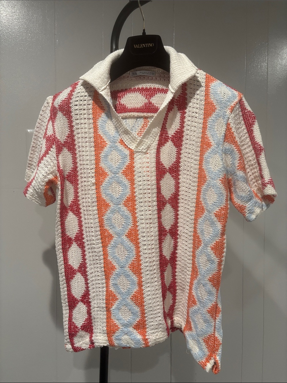 ZARA Cream Short-Sleeve Knit Polo with Pink, Orange & Light Blue Stripes